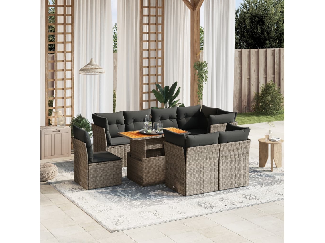 Conjunto de sofá de jardín de 9 piezas con cojines, mimbre gris, DKD Home Decor
