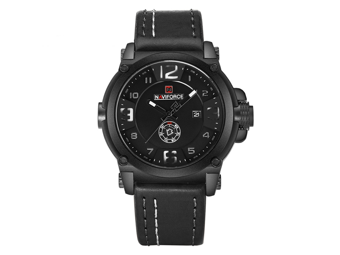 Reloj Hombre Naviforce Resistente Al Agua Cuarzo Correa Pu Calendario Negro Blanco