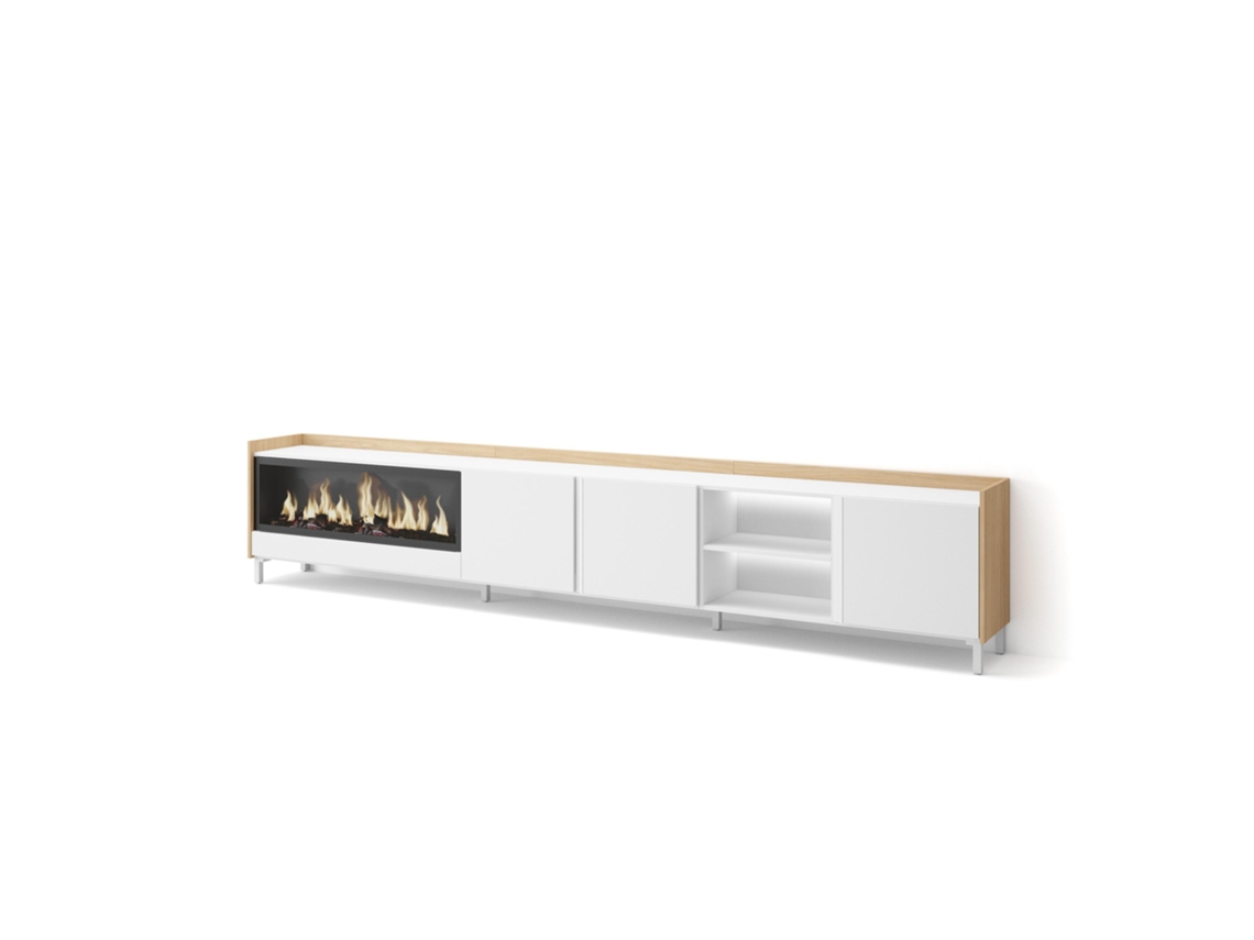 Mueble Tv, Televisión, 315x35x61cm, Para Tv Hasta 80", Chimenea Eléctrica Xxl, Diseño Industrial, Led, Blanco Y Roble Soft