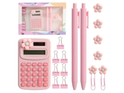 Juego de calculadora Chrui Macaron con calculadora, marcapáginas, clip para carpeta y bolígrafo (rosa)