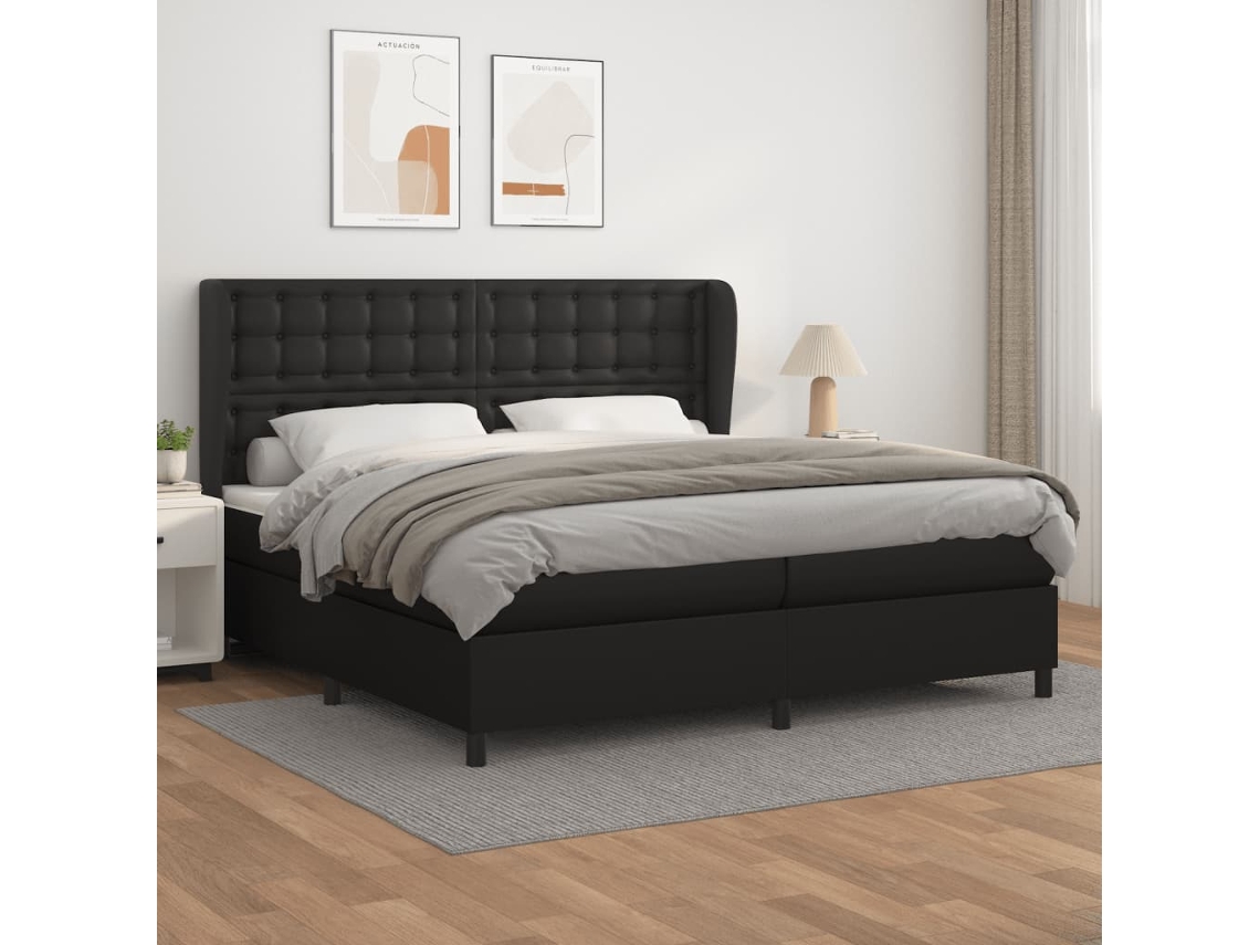Cama Box Spring Con Colchón Cuero Sintético Negro 200x200 Cm