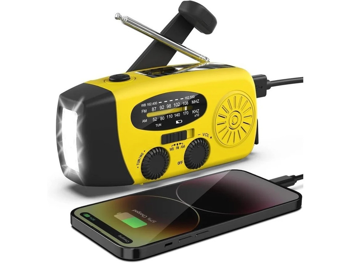 Radio solar de emergencia Yizhood AM/FM con manivela y linterna LED, batería de 2000 mAh (amarilla)