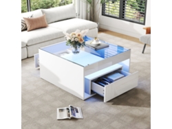 Mesa De Centro De 70 X 70 X 35 Cm, Con 2 Cajones, Diseño Calado, Fabricada En Cristal Templado Con Iluminación Led.