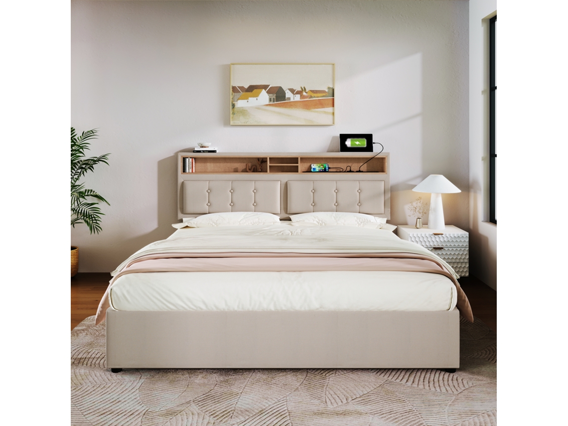 Cama Tapizada Para Adultos Con 4 Cajones Y Puerto Usb - 160x200 Cm - Tejido De Lino - Beige