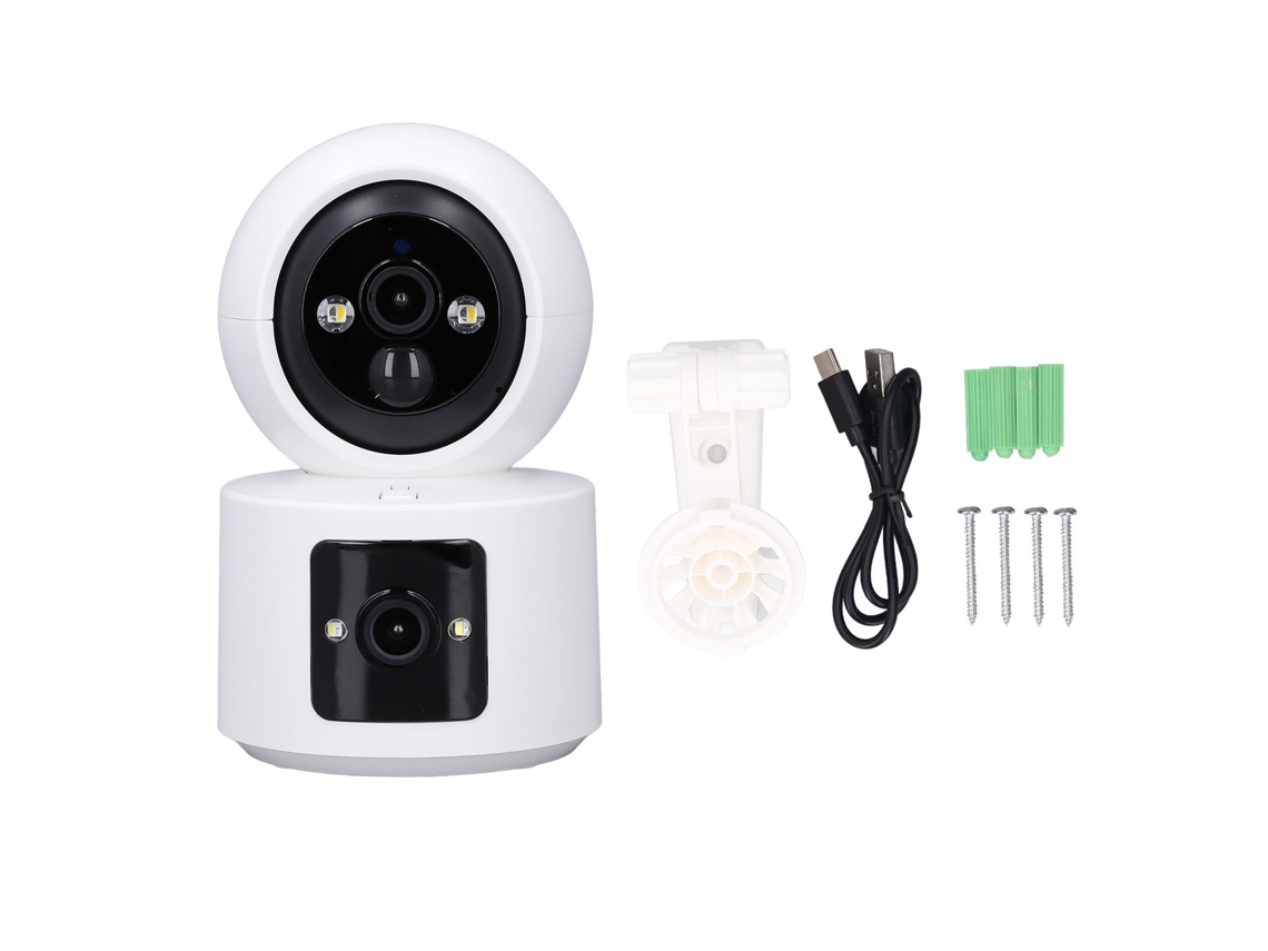 Cámara web inalámbrica para el hogar con doble lente interna, función de seguridad y monitor de bebé.