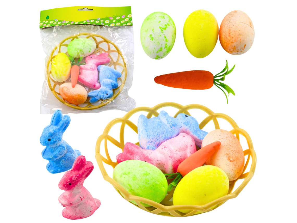 Adornos de Pascua en una cesta con conejitos, huevos y zanahorias (6 unidades)