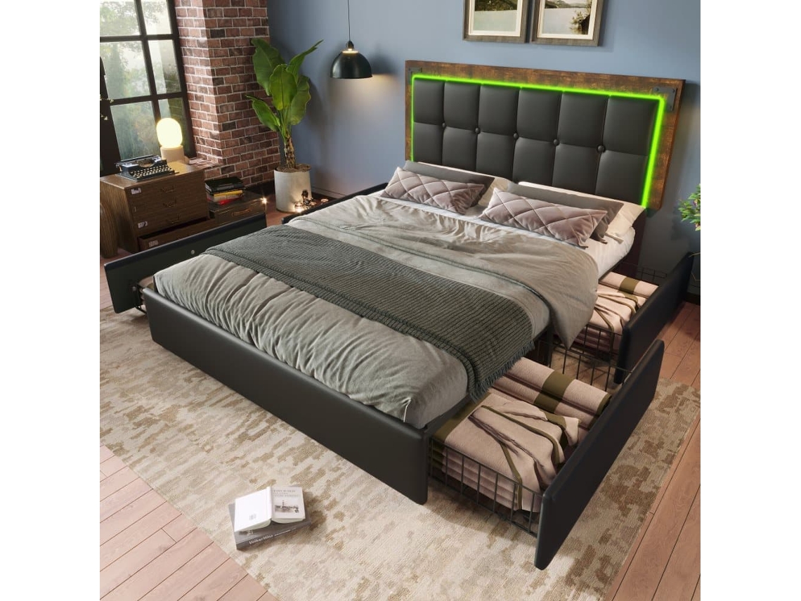 Cama Tapizada 140x200 - Cabecero Ajustable, 4 Cajones, Iluminación Led - Negro