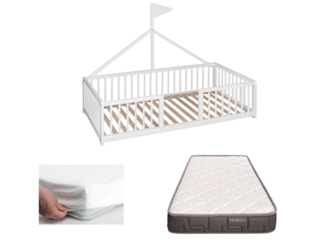 Cama Infantil Tipi Montessori Apache Wonderland + Colchón Morfeo + Protector Colchón (Madera de Haya - Blanco - 140x70 cm)