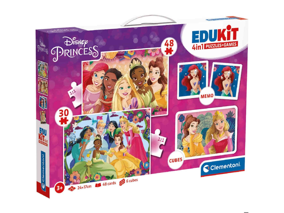 Edukit - Princesas Disney - Set De Aprendizaje 4 En 1 - 2 Rompecabezas, 1 Juego De Memoria, 1 Juego De 6 Cubos