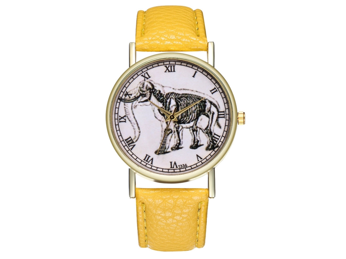 Reloj De Cuero Pu Con Patrón De Elefante Para Mujer Y Hombre Amarillo De Cuarzo