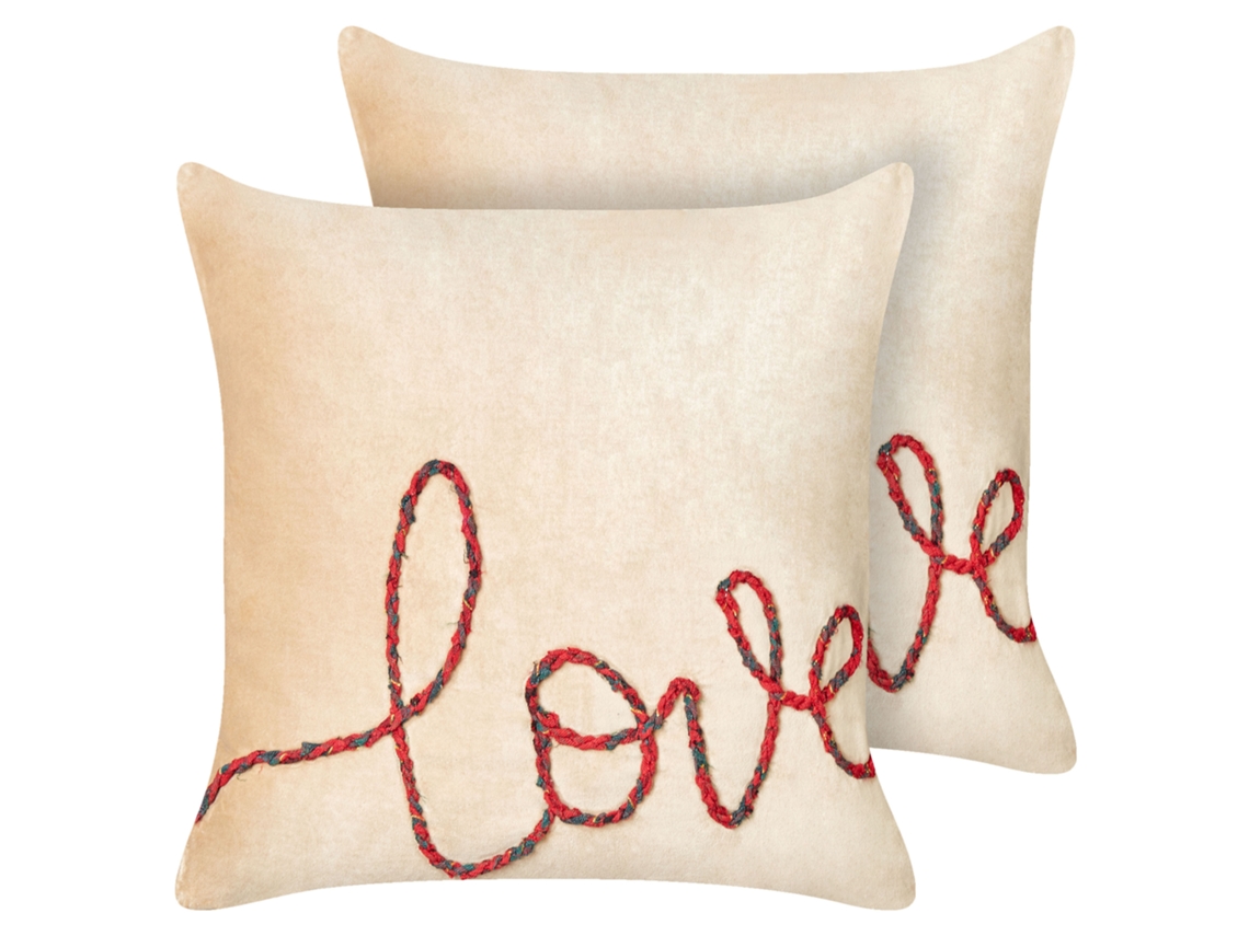 Lote de 2 cojines decorativos con escritura bordada BELIANI Rotala de Terciopelo Beige 45x45x15