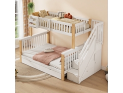 Litera infantil de 90x200x140x200 cm, cama doble con 2 cajones, estilo blanco natural