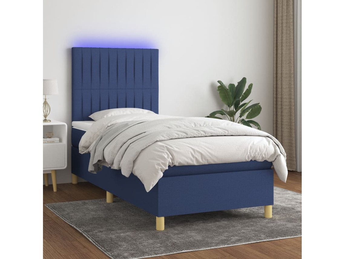 Cama Box Spring Colchón Y Luces Led Tela Azul 90x200 Cm
