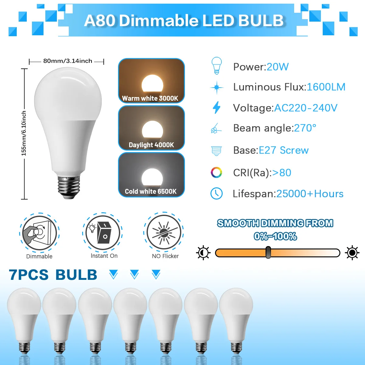(7 Piezas) Bombilla Dimmable Led Con Índice De Reproducción De Color Ra80 Y 20w De Alto Brillo. Ideal Para Vestíbulo, Restaurante, Etc.
