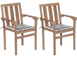 vidaXL Sillas de jardín 2 uds madera teca con cojines a cuadros gris