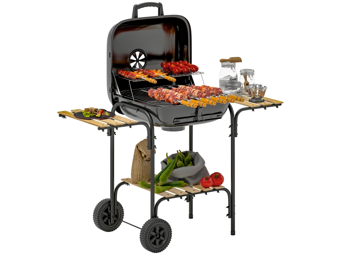 Parrilla De Carbón De Acero, Carro Con Tapa Con Cerradura, Rejilla, Ruedas, Asa, Estante De Madera, 98 X 54 X 91 Cm, Negro
