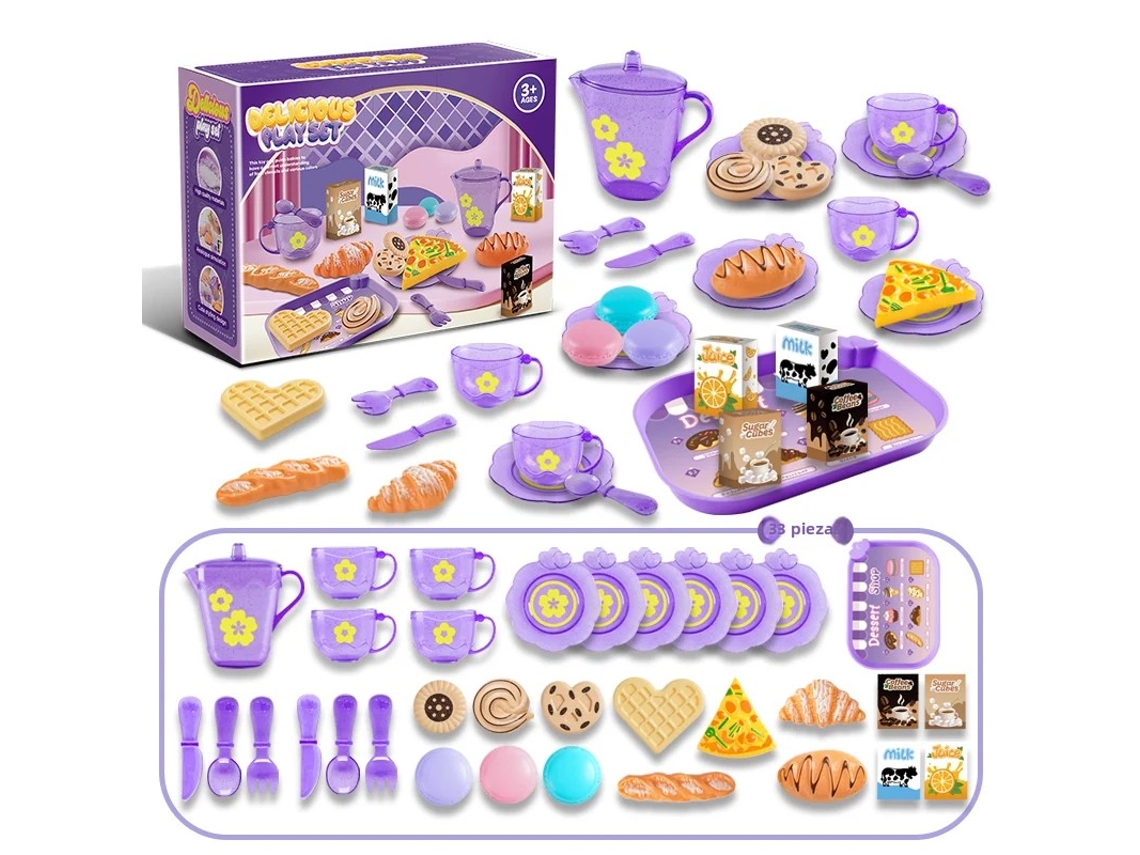 Juego de juguetes para la fiesta del té, hecho de plástico, incluye postres y vajilla. Mdug (morado, 33 piezas)