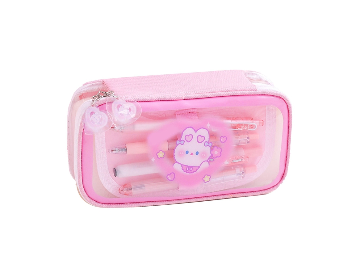 Estuche De Lápices De Gran Capacidad Con Ventana Transparente Patrón Cartoon Bonito Impermeable Para Hogar Escuela Oficina Roseate