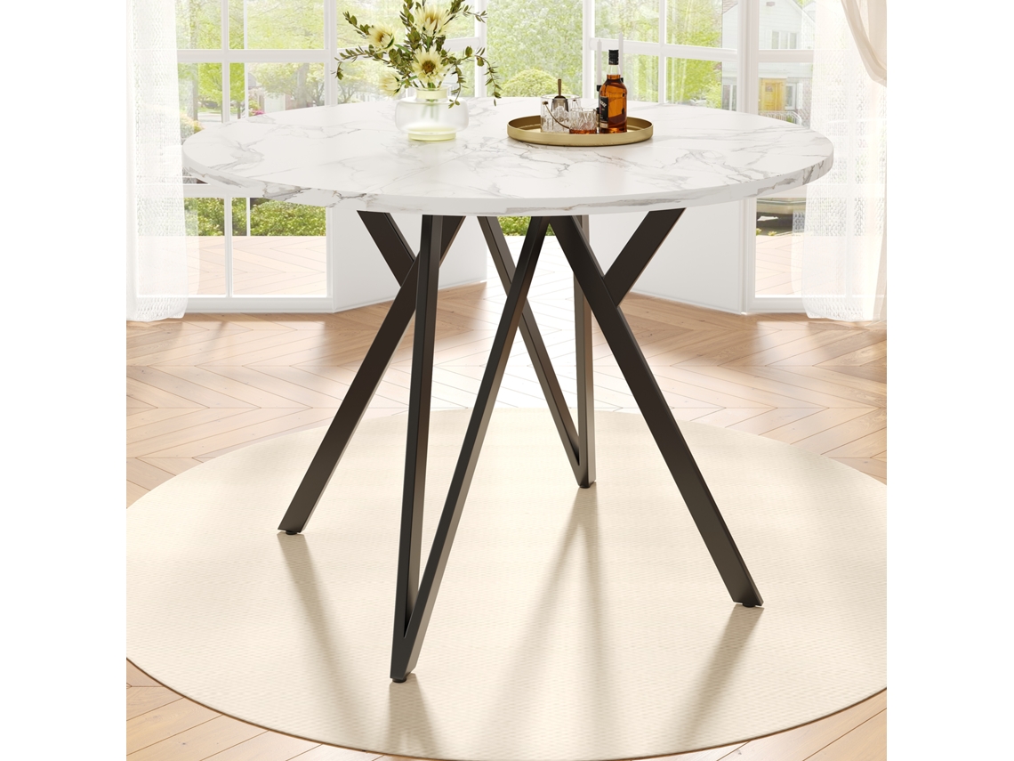 Mesa de comedor redonda, estructura de metal, revestimiento con diseño de mármol, para 4 personas, MDF blanco y negro, Mobrio