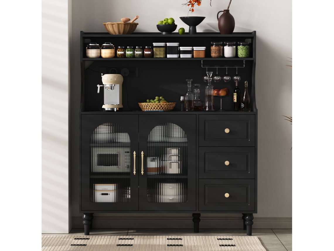 Armario Alto - Con Enchufes Y Cajones, Barra Con Soporte Para Copas De Vino Y Almacenamiento - Negro
