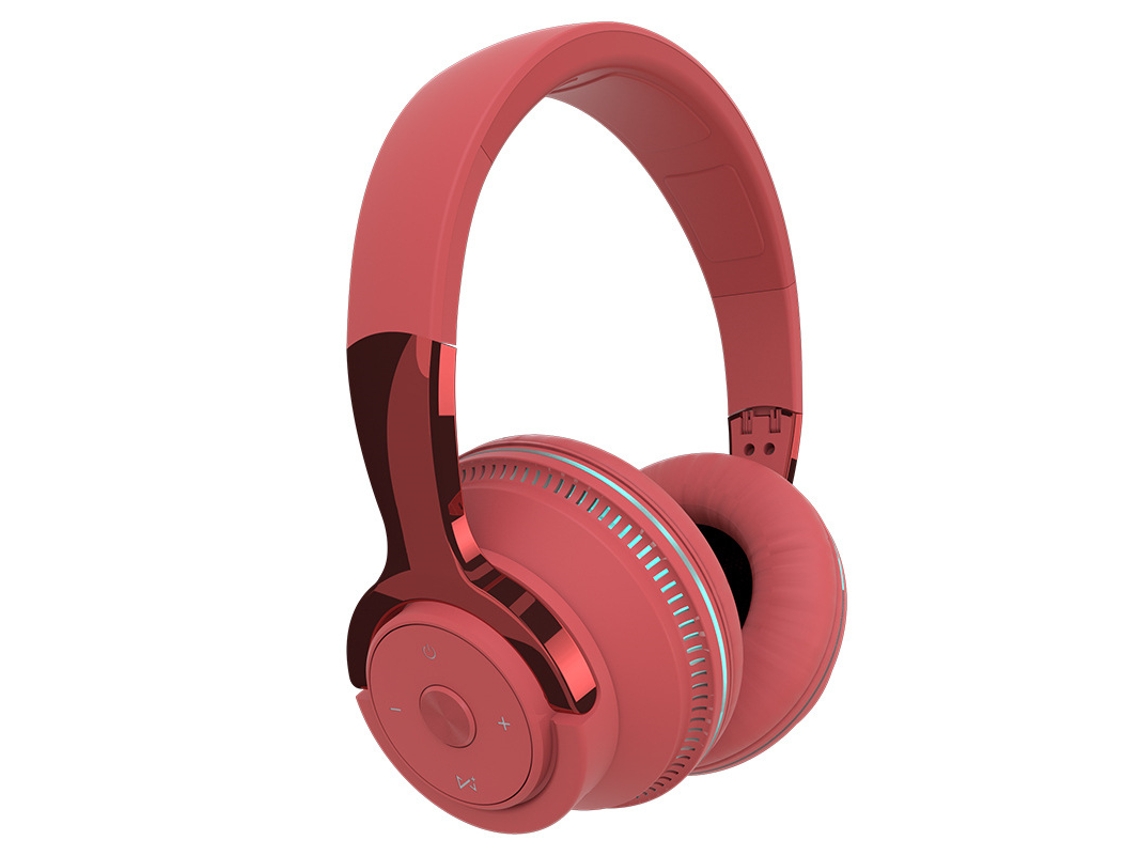 Auriculares Bluetooth H2 con iluminación multicolor, graves potentes y diseño plegable en color rojo.