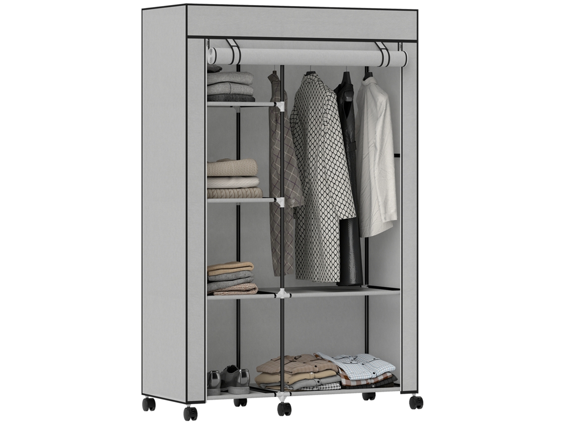 Armario CHEZMOI con 6 ruedas, barra para colgar ropa y espacio de almacenamiento, madera marrón, 120x40x128 cm