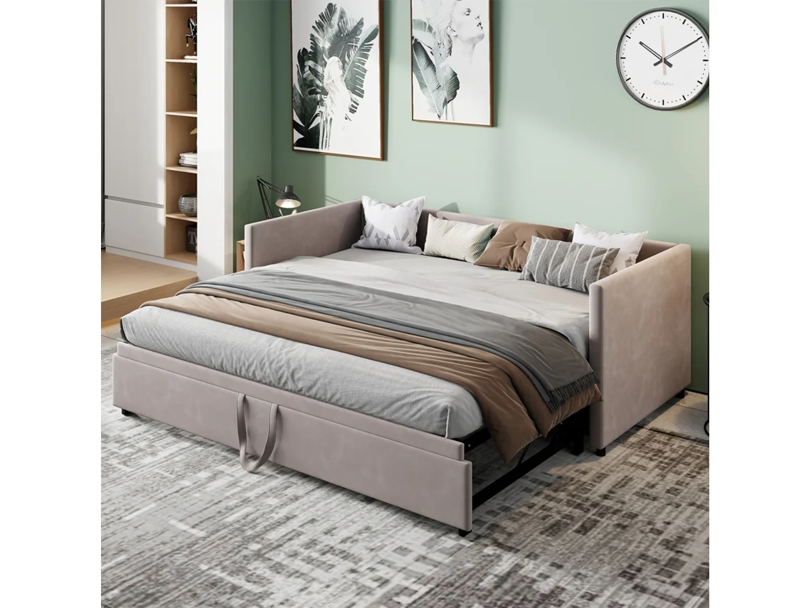 Sofá Cama Extensible 90/180x200 Cm Con Somier De Láminas, Cama Multifuncional, Tejido De Terciopelo, Color Gris