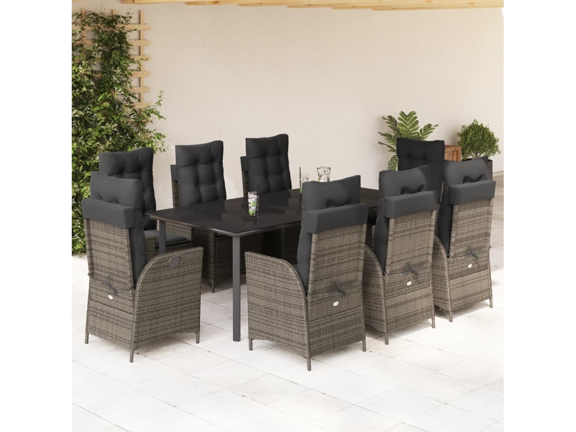 Conjunto de comedor de jardín DKD Home Decor de 9 piezas con cojines, ratán gris
