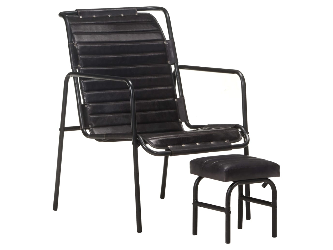 Sillón con Brazos y Reposapiés Cuero Genuino Negro