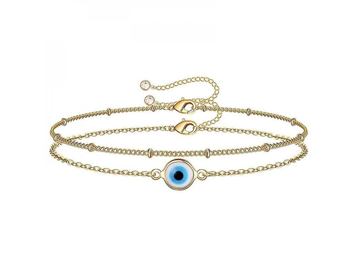 Pulsera De Oro 14k Laminado Ajustable Con Ojo Maligno, 2 Piezas, Joyería Para Mujer