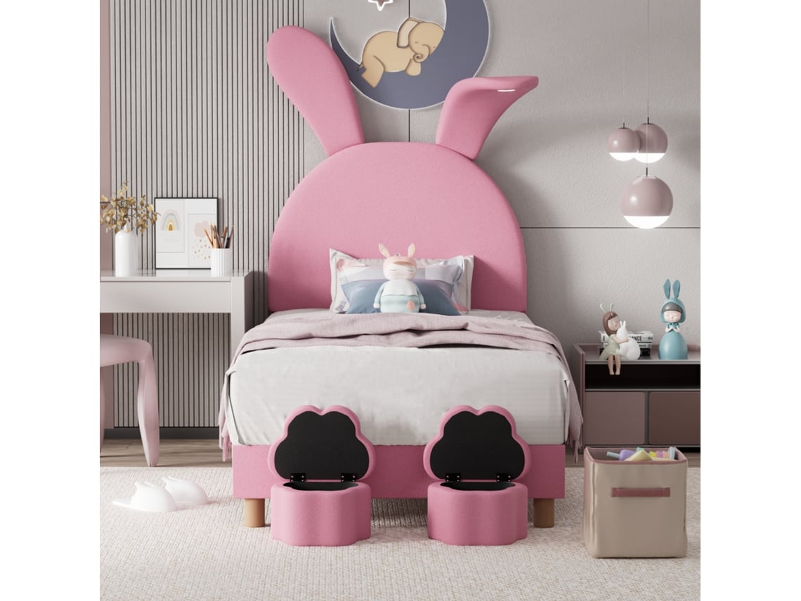 Cama Infantil De Terciopelo Rosa De 90x200 Cm Con Orejas De Conejo Led Y Pufs De Almacenamiento.