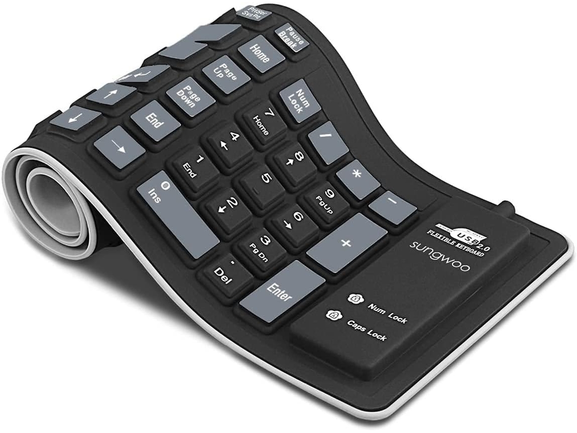Teclado plegable de silicona con cable USB, resistente al agua, enrollable, para PC, portátil (negro/gris)