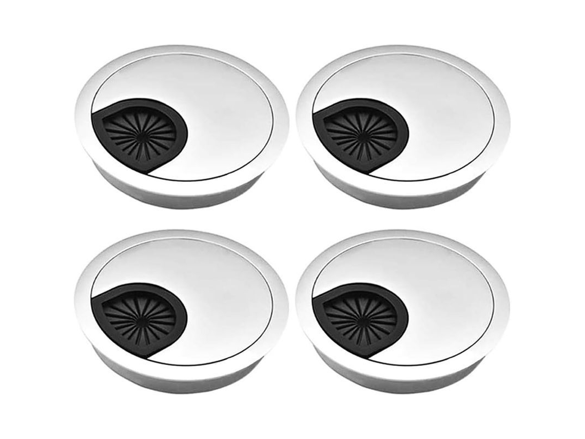 4 Organizadores De Cables De Escritorio De 60 Mm, Pasacables Metálicos Plateados Empotrados Con Tapa Extraíble.