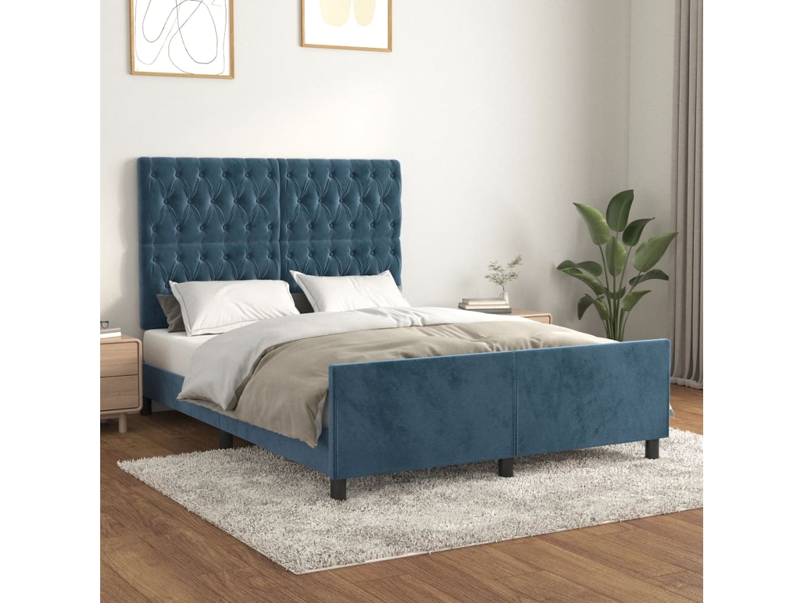 Estructura De Cama Sin Colchón Terciopelo Azul Oscuro 140x190cm