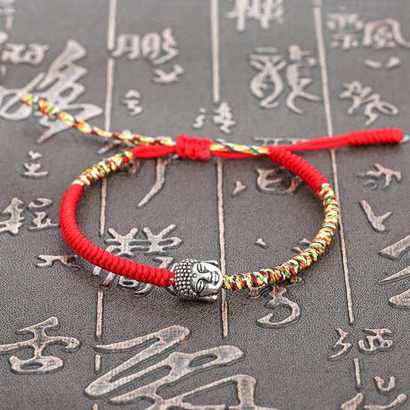 Pulsera de oración con amuleto de cabeza de Buda budista tibetano, pulsera de la suerte tejida a mano. MDUG