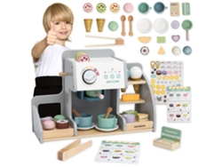 Puesto De Mercado De Madera Con Gran Nevera, Pizarra Magnética, Máquina De Café, Set De Helados Y Postres, +70 Piezas – Juego Creativo Y Educativo