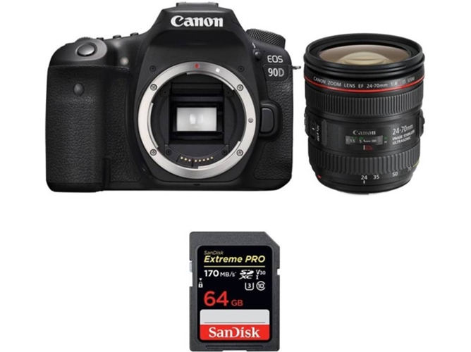 Kit Cámara Réflex CANON EOS 90D + EF 24-70mm f/4L IS USM + SanDisk 64GB