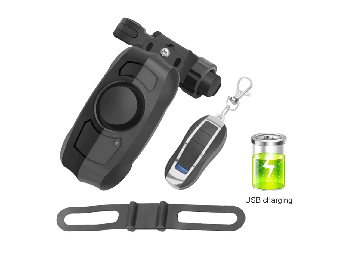 Alarma antirrobo para bicicleta 2026horizon con vibración, boquilla de 110 dB, carga inalámbrica y USB, control remoto.