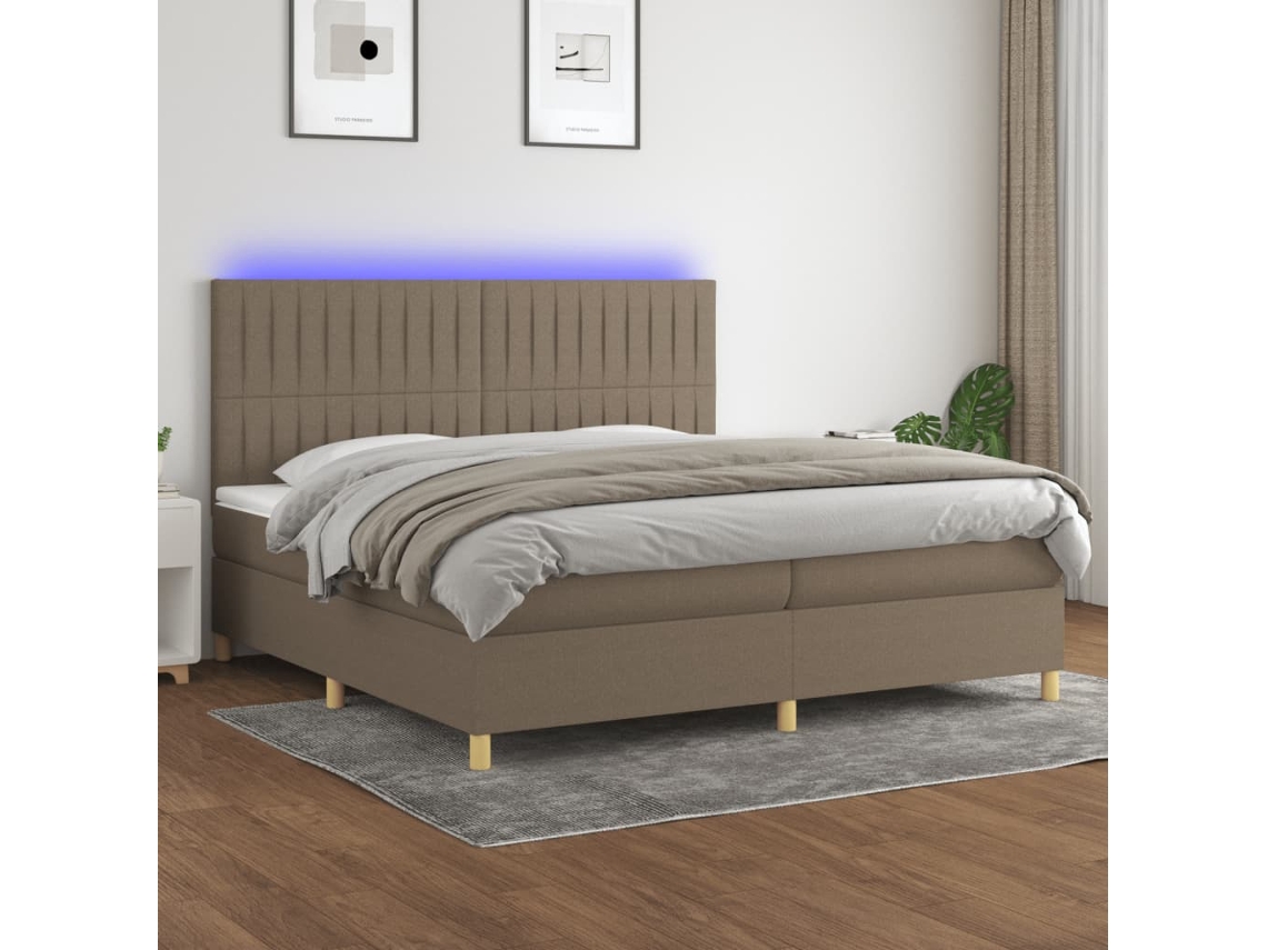 Cama Box Spring Colchón Y Luces Led Tela Gris Taupe 200x200 Cm