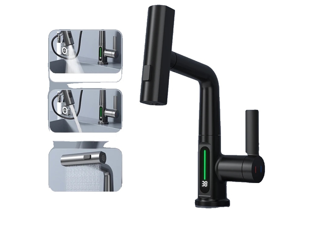 Grifo de baño con pantalla digital, extraíble, chorro de lluvia, negro mate
