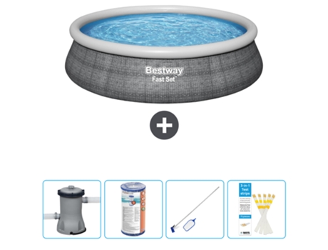 Piscina hinchable redonda Fast Set BESTWAY - Estampado ratán - 457 x 84 cm - Bomba incluida Filtrar - kit de limpieza - Tiras de prueba