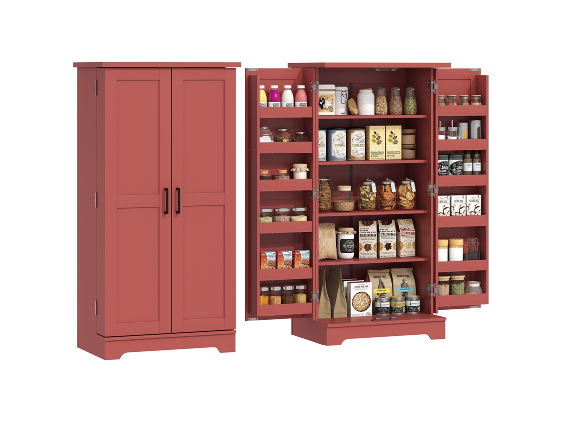 Mueble Buffet De Cocina 5 Niveles Con Puertas Y Estantes Ajustables 60x40x120 Cm Efecto Madera Rojo Diseño Moderno Hogar
