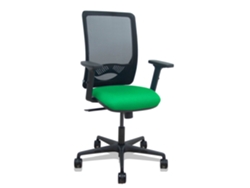 Silla de oficina Zulema con mecanismo sincronizado, tapizada en tela verde y malla negra. Equipada con soporte lumbar 1D, reposabrazos 2D y ruedas de 65 mm.