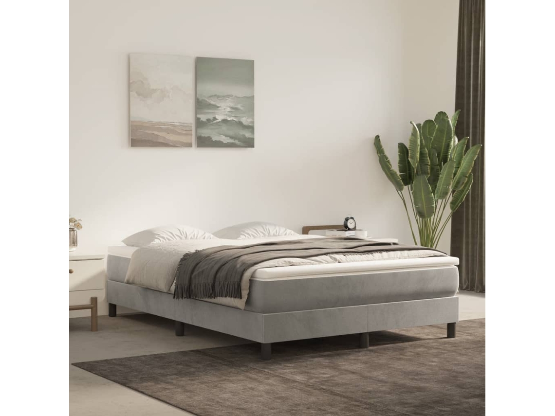 Cama Box Spring Con Colchón Terciopelo Gris Claro 140x200 Cm