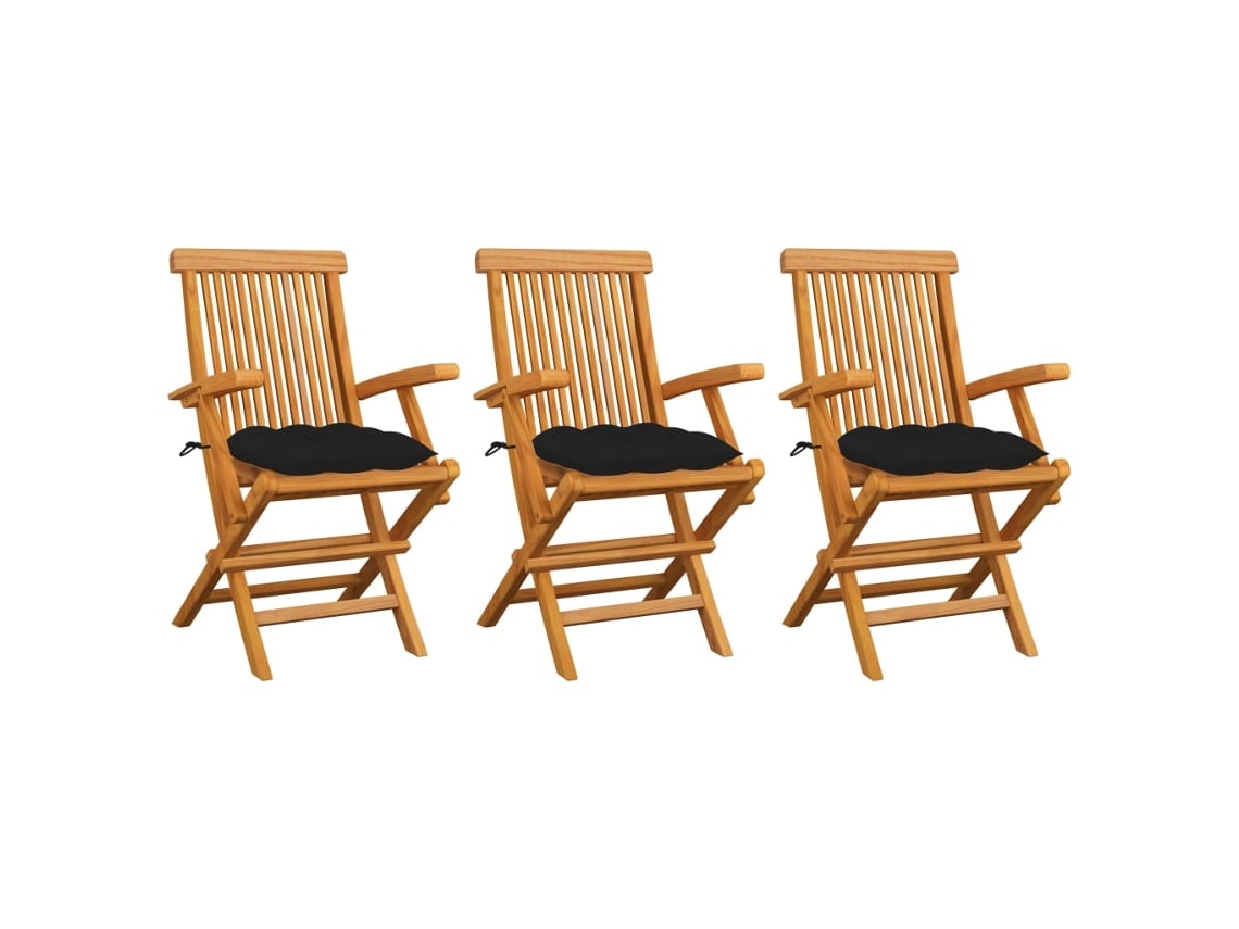 Sillas de jardín DKD Home Decor de 3 piezas con cojines negros, teca maciza