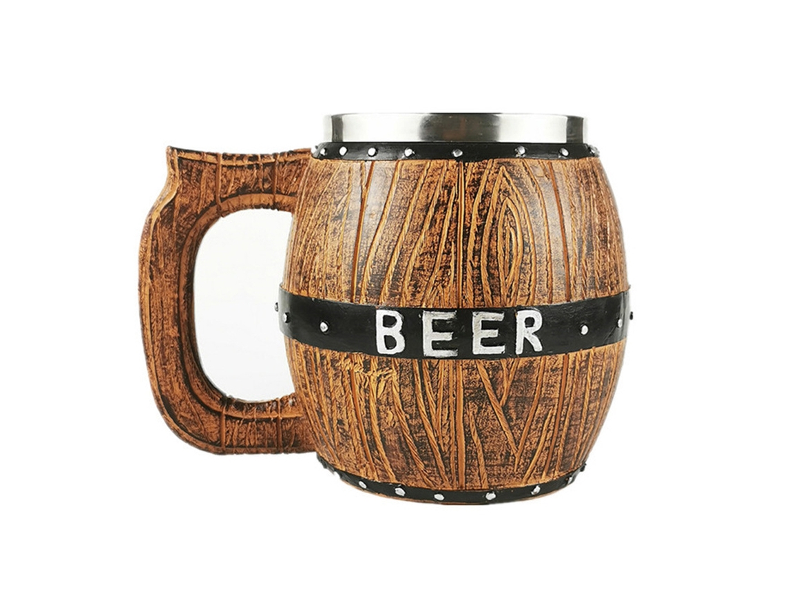 Jarra de cerveza de madera hecha a mano, vasos con forma de barril y asa de acero inoxidable, regalo retro marrón para hombre.