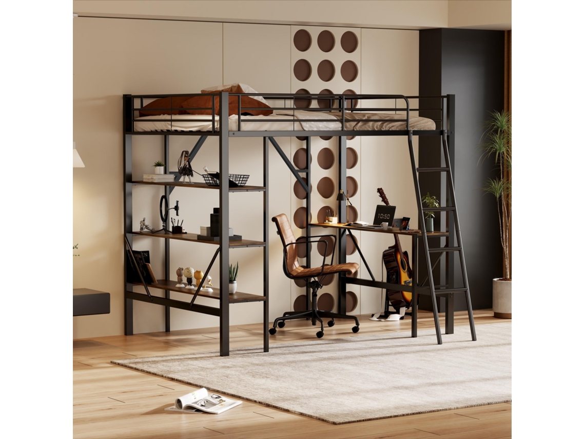 Cama Alta De 90x200 Cm Con Escritorio Metálico Y 3 Estantes, De Hierro Negro. Colchón No Incluido.