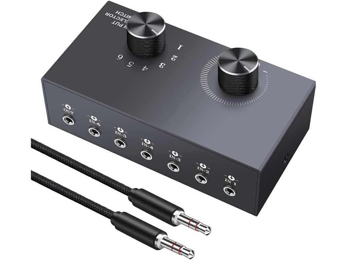 Conmutador De Audio Bidireccional De 6 Puertos Y 3,5 Mm, Color Gris, Compatible Con 1 Entrada.