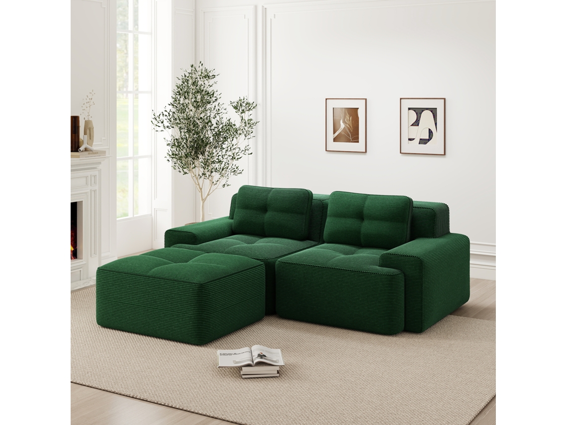Sofá Modular Boneless 2 Plazas - L-förmig, Asiento Profundo, Cómodo, Con Otomana - Verde