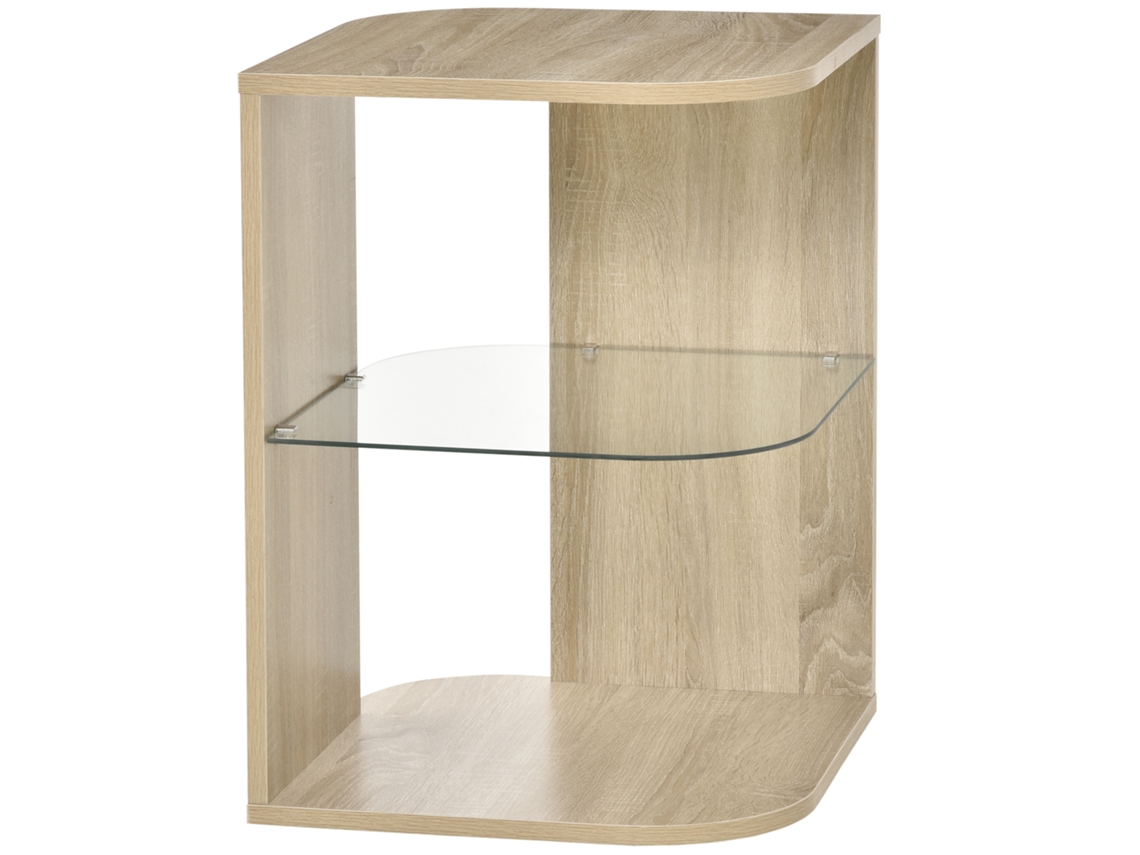 Mesa Auxiliar De Diseño Contemporáneo , Mesa Con Pedestal, Mesa De Centro Con Estante, Vidrio Templado, Madera Natural.
